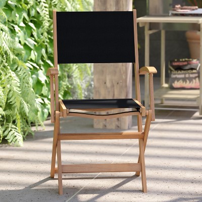 Acacia Wood and Black Mesh Folding Patio Bistro Chairs
