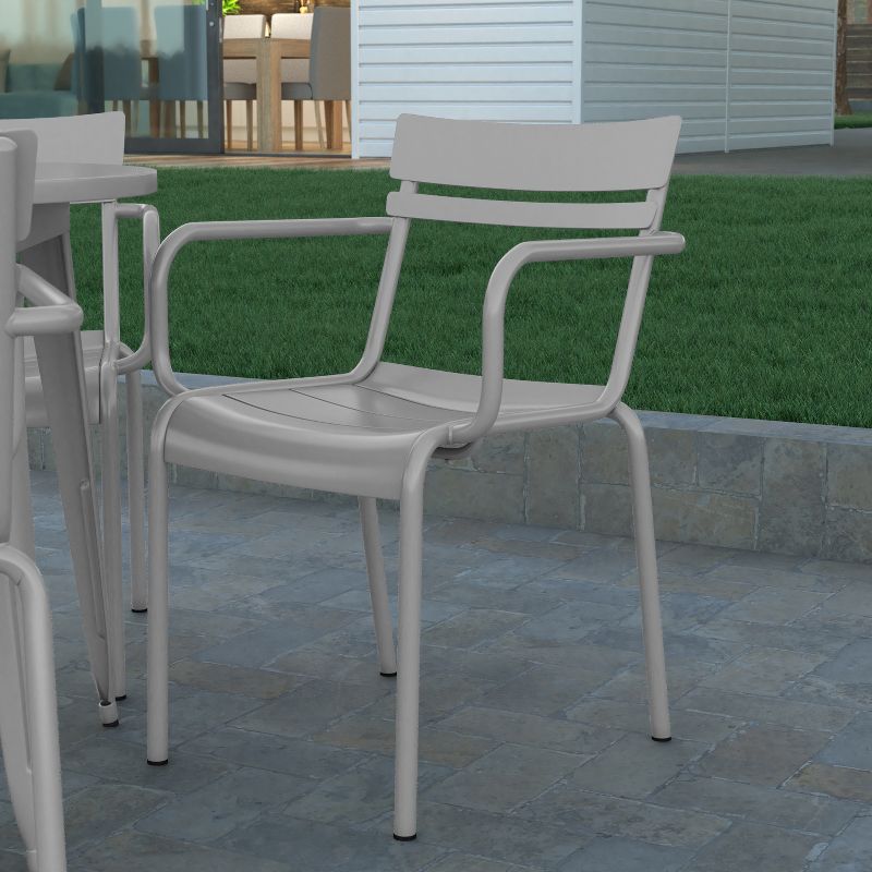 Emma and Oliver Powder Coated Steel Stacking Dining Chair with Arms and 2 Slat Back for Indoor-Outdoor Use, 2 of 12