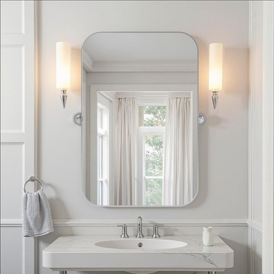 91cm Silver-White Iron Rectangular Mirror with Rounded Corners and Rotating Hardware, 2.5cm Depth