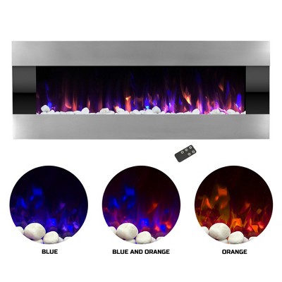 Wall-Mounted Electric Fireplace - Indoor LED Fireplace Heater with Remote, Crystals, and Adjustable Fire and Ice Flame Options by Northwest (Silver)