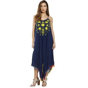 Riviera Sun Dress / Dresses for Women (Dark Denim with Yellow Embroidery, Small) - 1 of 2