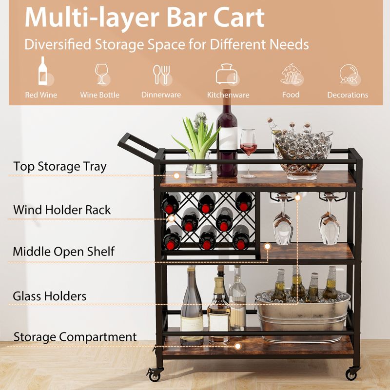 Tangkula 3-Tier Bar Cart Wheels Rolling Serving Cart with Wine Rack and Glass Holder Industrial Storage for Kitchen Dining Room Rustic Brown/Brown, 4 of 10