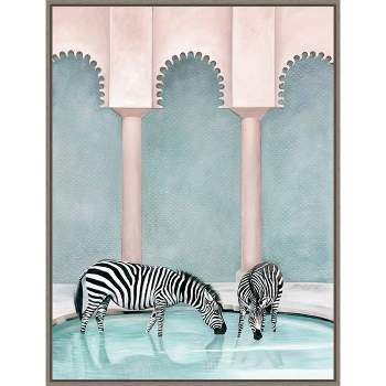 22" x 30" Office Gossip (Zebras) by Urban Road Framed Canvas Wall Art Gray Wash - Amanti Art