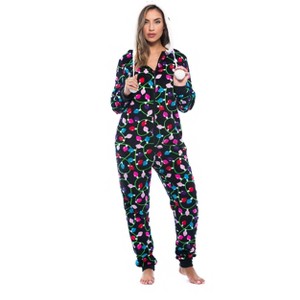 Just Love Womens One Piece Winter Holiday Adult Bodysuit Faux Shearling Lined Hoody Xmas Pajamas - 1 of 4
