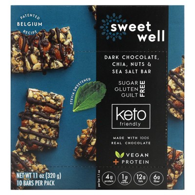 Sweetwell Keto Bar, Chia, Nuts, Sea Salt & Dark Chocolate, 10 Bars, 1.1 oz (32 g) Each