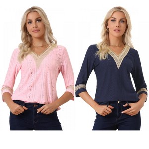 INSPIRE CHIC Women's V Neck Contrast Color Lace Trim Boho Top 2 Packs - 1 of 4