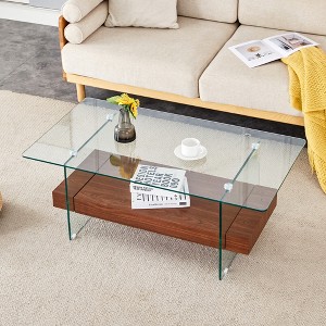 Vynxaria Natural Wood and Glass Coffee Tables - Modern Double-Layer Design - 1 of 4
