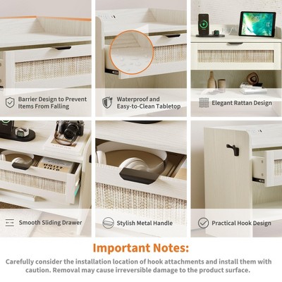Feature collage showing drawer, waterproof surface, rattan design, and knobs