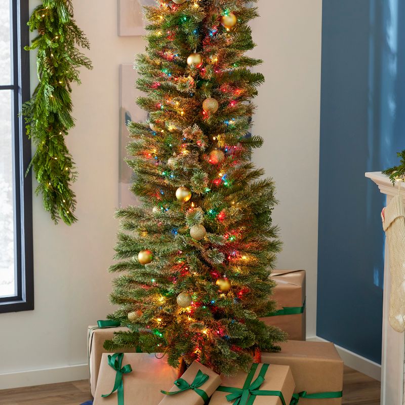 Home Heritage Pre-Lit Skinny Artificial Pine Christmas Tree with Lights and Foldable Stand, 2 of 7