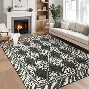 Modern Washable Area Rug, Checkered Leopard Print Floor Cover with Non Slip Backing, Low Pile Stain Resistant Indoor Carpet - 1 of 4