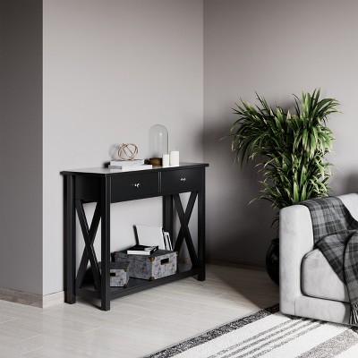Black Wood and Metal Console Table with Storage Drawers