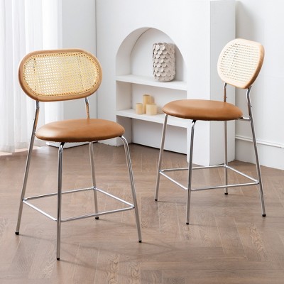 Arceso 24 Inch Faux Leather Rattan Counter Stool Set of 2,Modern Upholstered Round Counter Height Barstools for Home, Bar, Restaurants