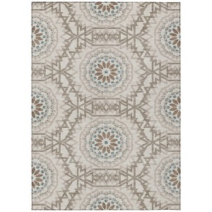 Beige Brown And Teal Blue Floral Medallion Washable Indoor Outdoor Area Rug - 1 of 4