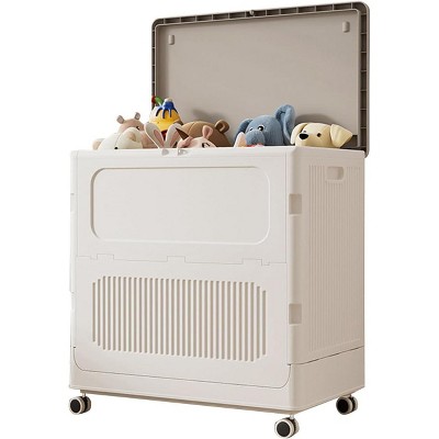 Garvee Plastic Laundry Basket with Lid 123L Large Rolling Hamper Creamy White & Grey with Lockable Wheels