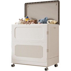 Garvee Plastic Laundry Basket with Lid 123L Large Rolling Hamper Creamy White & Grey with Lockable Wheels - 1 of 4