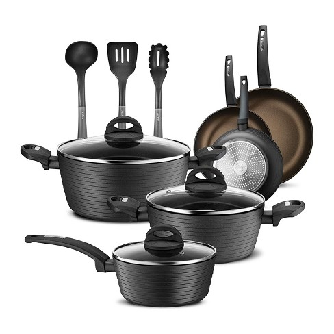 Nutrichef Metallic Ridge Line Nonstick Cooking Kitchen Cookware Pots And Pan  Set With With Lids And Utensils, 12 Piece Set, Gray : Target