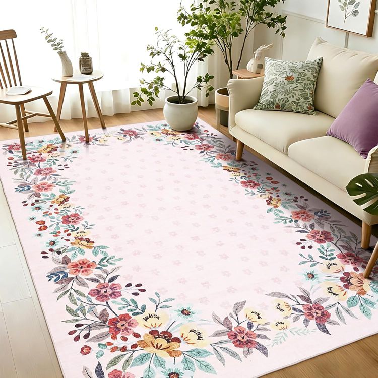 Pink Area Rugs 9x12 Living Room, Washable Floral Rug with Non-Slip ...