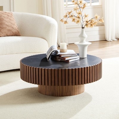 Modern Round Coffee Table with Sintered Stone Top and Drum Base, Small Accent Table for Living Room, Bed Room or Apartment-Tanpinhause