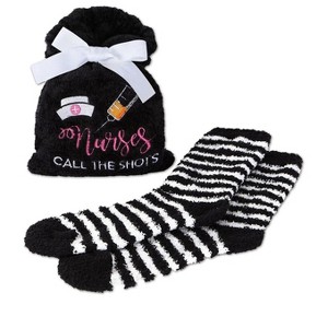 Memoi Nurses Call the Shots Cozy Striped Socks & Gift Bag Set Black One Size - 1 of 1