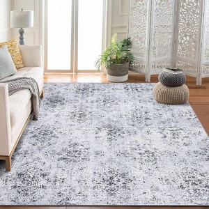 Washable Boho Floral Area Rug, Non Slip Low Pile Soft Bedroom Carpet, Foldable Lightweight Throw Rug for Bedside - 1 of 4