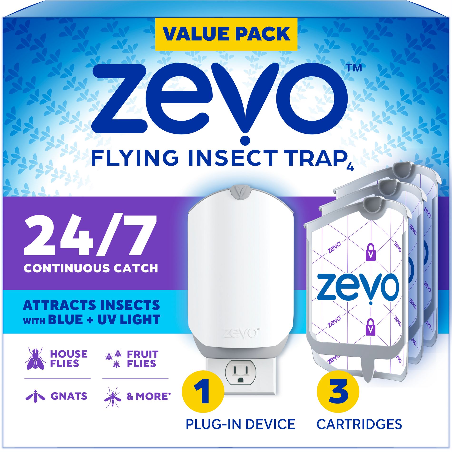 Zevo Flying Insect Indoor Light Fly Trap Starter Kit, Catches House Flies, Fruit Flies, Gnats and More - 1 Trap + 3 Refills