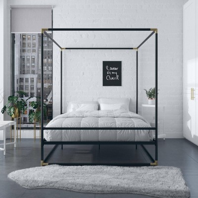 Black Metal Queen Canopy Bed with Gold Accents