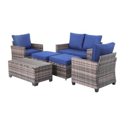Decksplore 6 Pieces Outdoor Patio Wicker Furniture Set with Coffee Table and Seat and Cushions