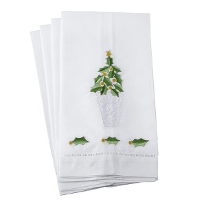 Saro Lifestyle Embroidered Holly Leaf Christmas Tree Design Holiday Hemstitched Border Linen Cotton Guest Towel (Set of 4), 14"x22", White - 1 of 2