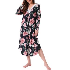 INSPIRE CHIC Women's Floral Pajama Midi Dresses V Neck Long Sleeve Lace Trim Midi Nightgowns - 1 of 4