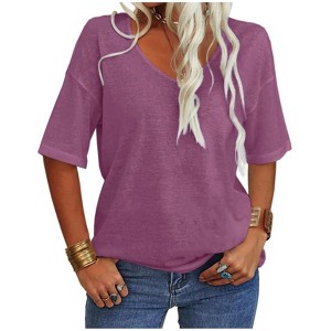 Imily Bela Women's Casual V Neck Half Sleeve Oversized T Shirt Solid Color Basic Top - 1 of 4