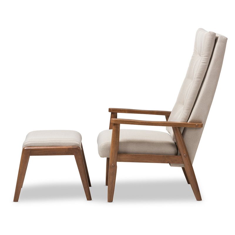 Roxy Mid - Century Modern Wood Finish - Back Lounge Chair and Ottoman Set - Light Beige, "Walnut" Brown - Baxton Studio, 3 of 7