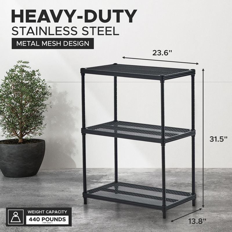 Design Ideas MeshWorks 3 Tier Full-Size Metal Storage Shelving Unit Rack for Kitchen, Office, and Garage Organization, 23.6” x 13.8” x 31.5,” Black, 2 of 7