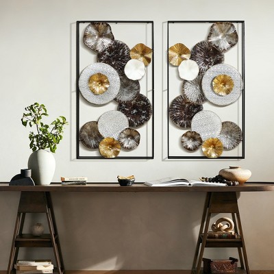 Set of 2 Multi-Color Abstract Metal Flower Wall Art Panels