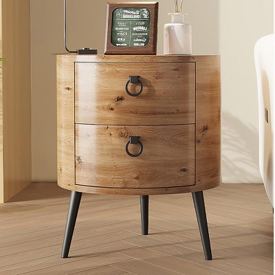 Homhougo Round Side Table with Drawers Modern Night Stand with Storage Wooden Accent End Table Circle Bedside Table with Metal Legs Natural