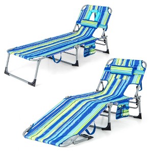 Tangkula 2PCS Patio Lounge Chair Folding Beach Tanning Chair with Face Hole Outdoor Sunbathing Chair w/ Adjustable Backrest Blue & Green - 1 of 4