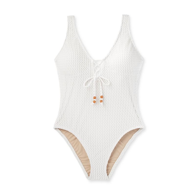Women's Crochet Lace-Up One Piece Swimsuit - Shade & Shore™ Cream, 6 of 19