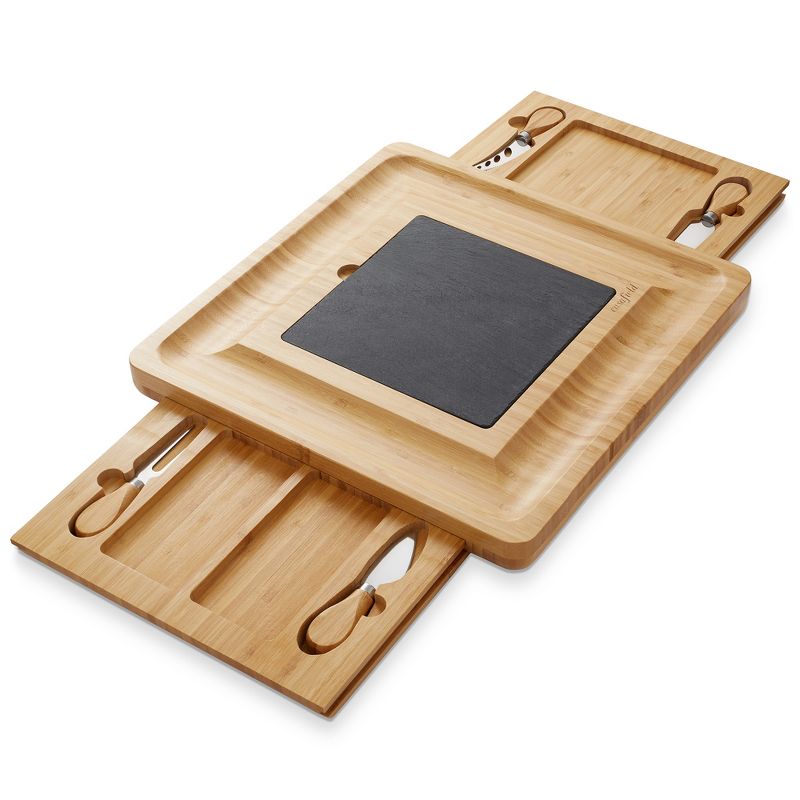 Casafield Bamboo Cheese Cutting Board with Removable Slate Cheese Plate, Stainless Steel Knives, and Slide-Out Snack Trays, 2 of 8