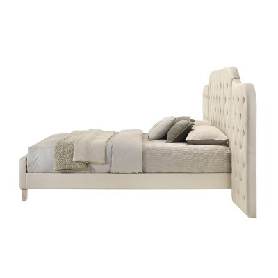 Beige Linen Upholstered Queen Bed with Tufted Headboard and Storage Drawer