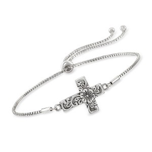 Ross-Simons Sterling Silver Bali-Style Floral Cross Bolo Bracelet Size - 1 of 4
