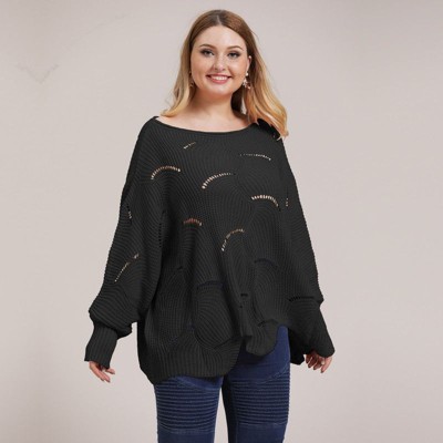 Coolmee Women's Plus Size Sweater Fall Batwing Long Sleeve Crochet Hollow Out Pullover Knit Sweaters Jumper Tops