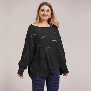 Coolmee Women's Plus Size Sweater Fall Batwing Long Sleeve Crochet Hollow Out Pullover Knit Sweaters Jumper Tops - 1 of 3