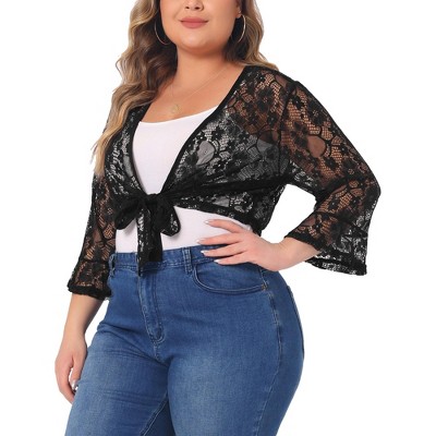 Agnes Orinda Women's Plus Size Tie Front Lace Hollow Out Lightweight Crop Shrugs