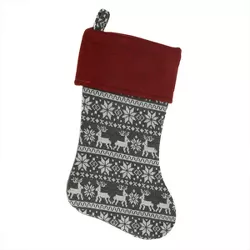 Northlight 19" Festive Grey, White and Red Snowflakes & Reindeer Knit Christmas Stocking