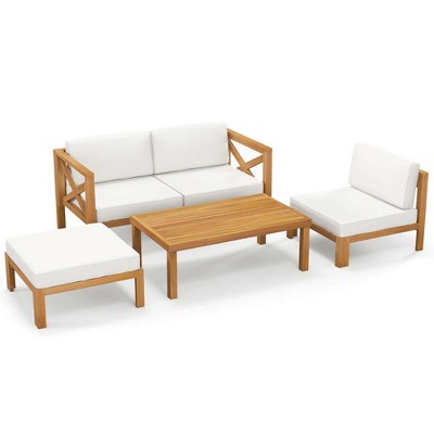Tangkula Set of 5 Conversation Furniture Set Acacia Wood Sectional Sofa Set w/ Ottoman & Coffee Table White