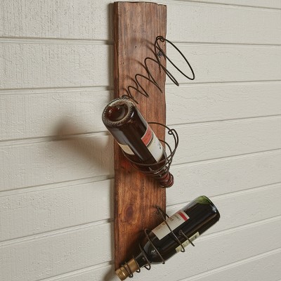 Rustic Brown Wood and Metal Wall Bottle Rack