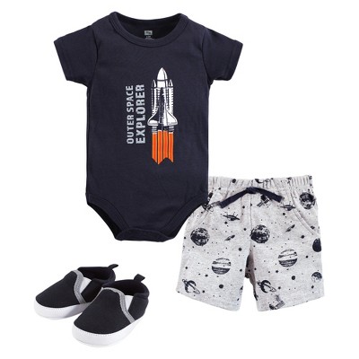 Image of Hudson Baby Infant Boy Cotton Bodysuit, Shorts and Shoe Set, Outer Space, 0-3 Months