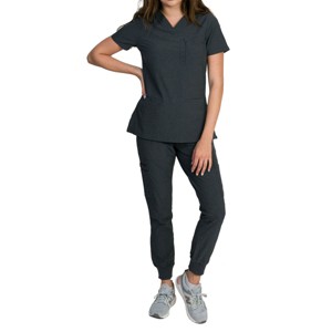 Medgear Fleur Women's Stretch Scrub Set with Zip Chest Pocket Top and Knit Rib Cuffs Jogger Pants - 1 of 4