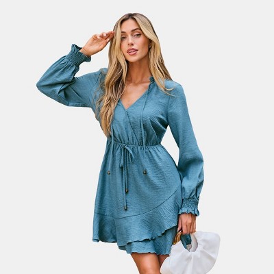 Women's Teal Blue Surplice Drawstring Waist Mini Dress - Cupshe