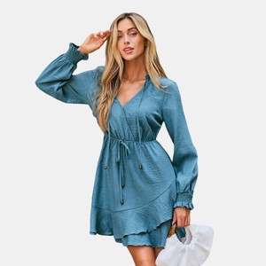 Women's Teal Blue Surplice Drawstring Waist Mini Dress - Cupshe - 1 of 4