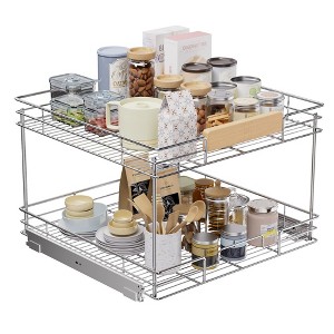 2-Tier Pull-Out Organizer under Cabinet Storage for Kitchen with Wooden Handle - 1 of 4